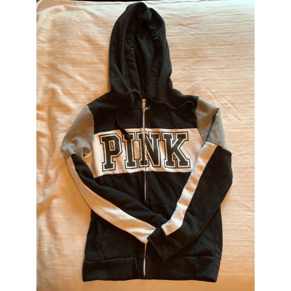 PINK zip up hoodie black white & gray colorblock